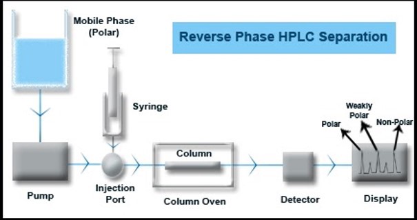 Simplified flow diagram of an HPLC: Note that usually a polar and non-polar mobile phase are used in varying proportions for cannabinoid separations